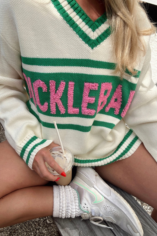 Pickleball V Neck Knit Top White/Green