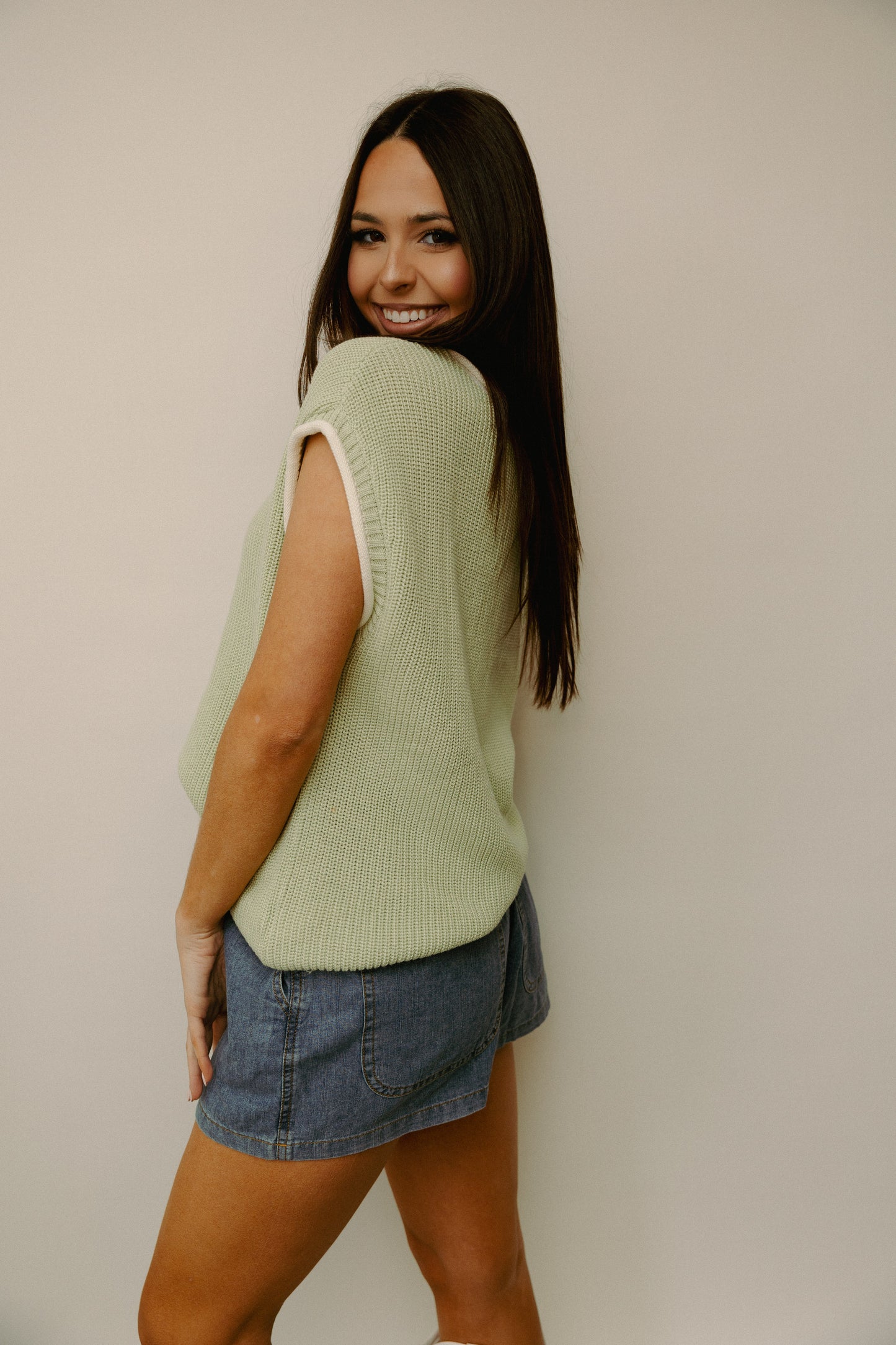 Close Call Contrast Knit Top Sage