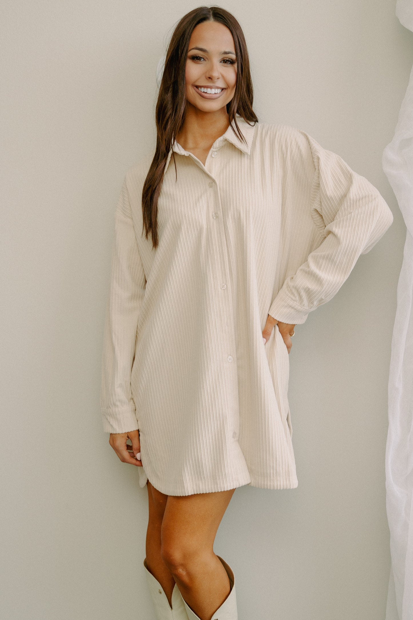 West Side Cord Shirt Dress Ivory