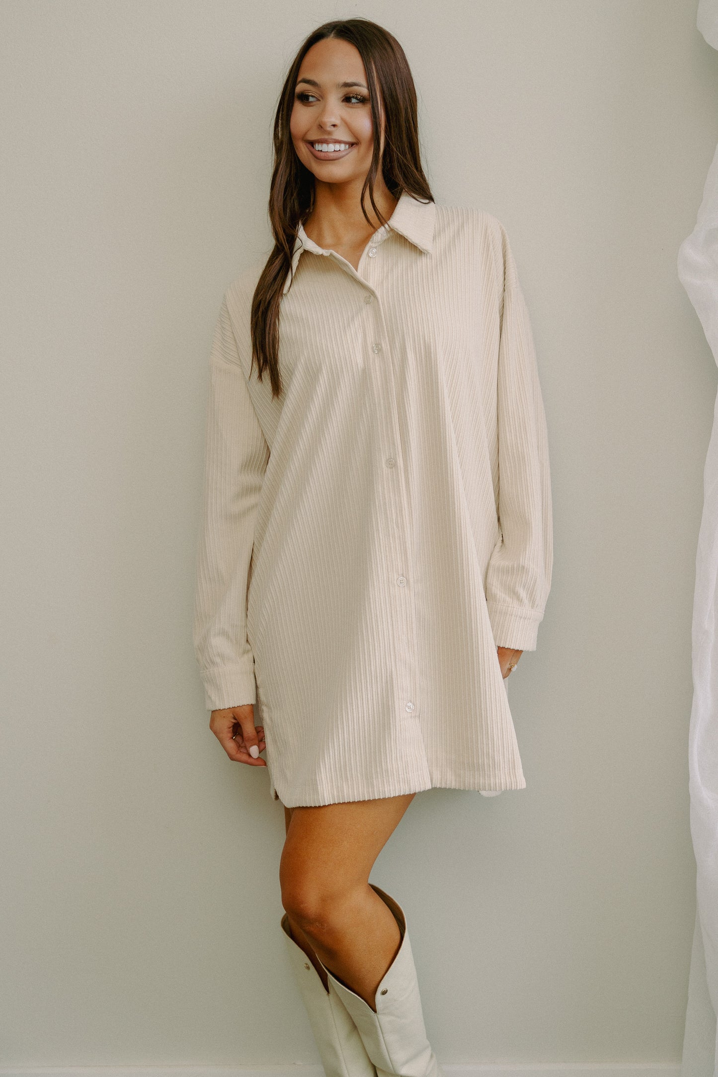 West Side Cord Shirt Dress Ivory