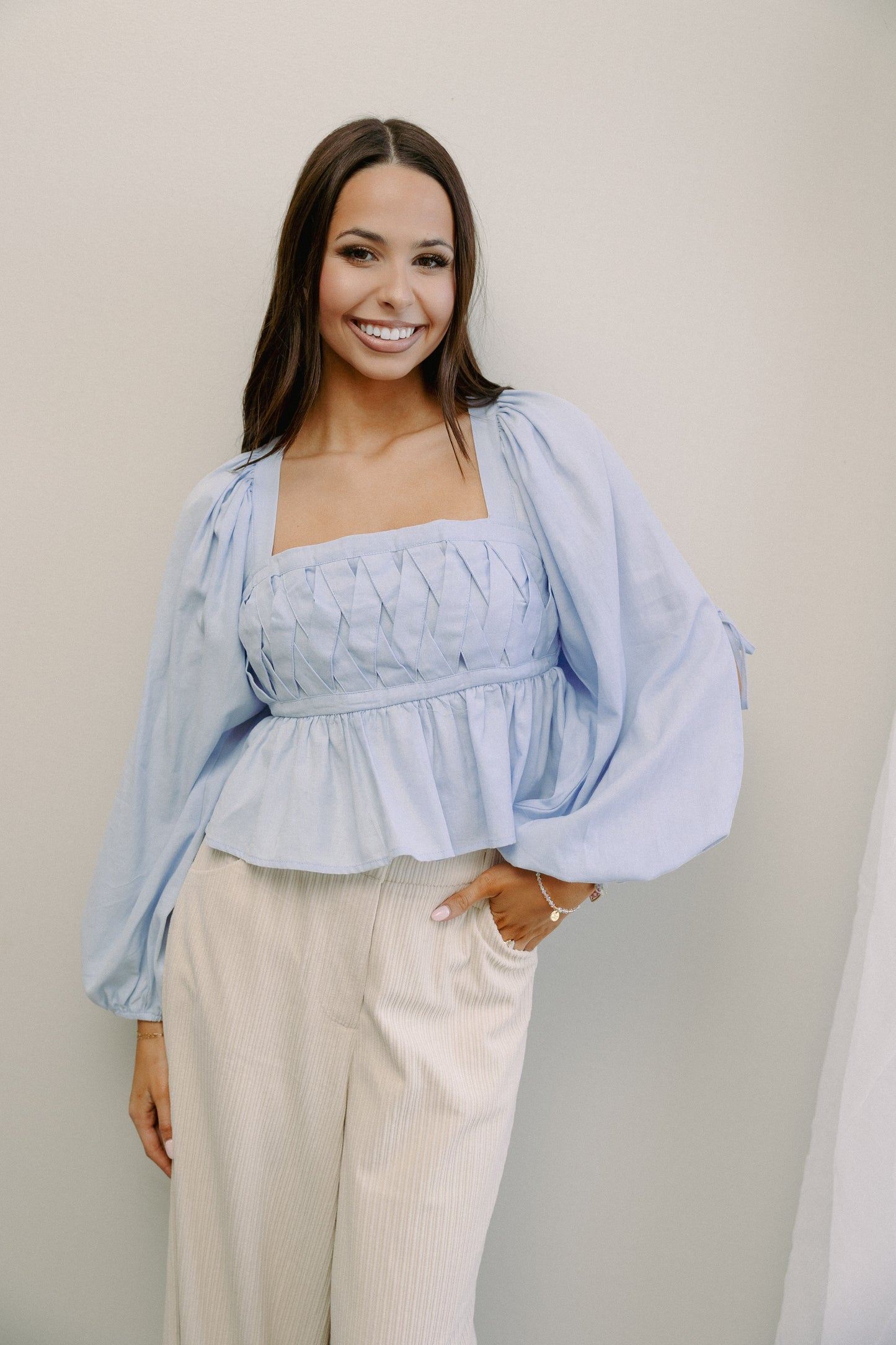 In Good Spirits Cold Shoulder Blouse Baby Blue