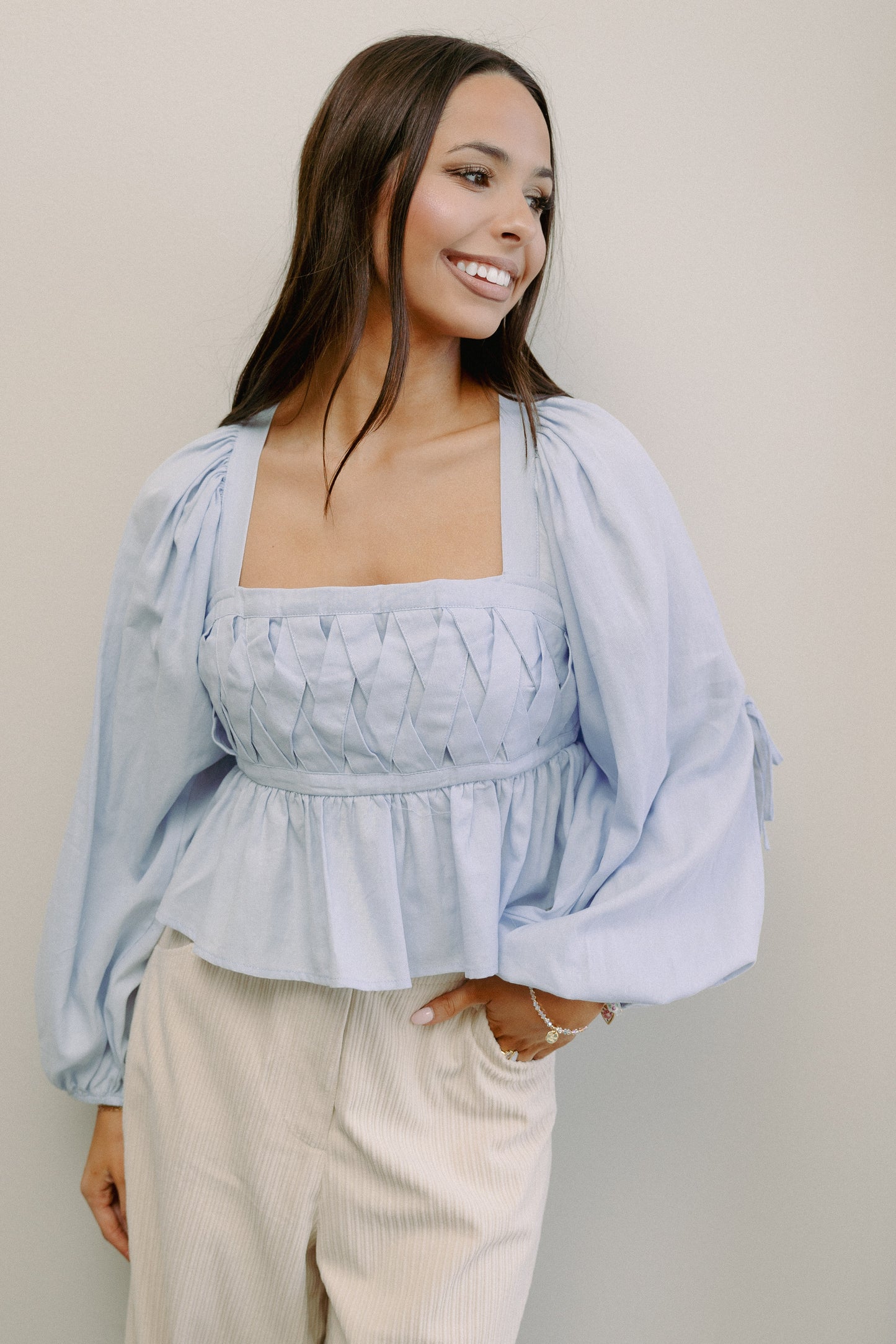 In Good Spirits Cold Shoulder Blouse Baby Blue