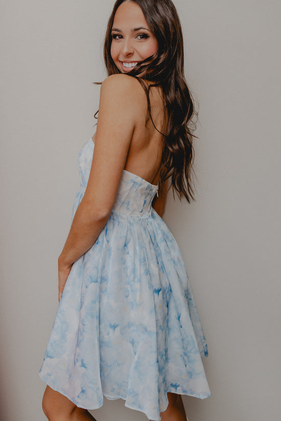 Flowery Passion Strapless Dress Blue