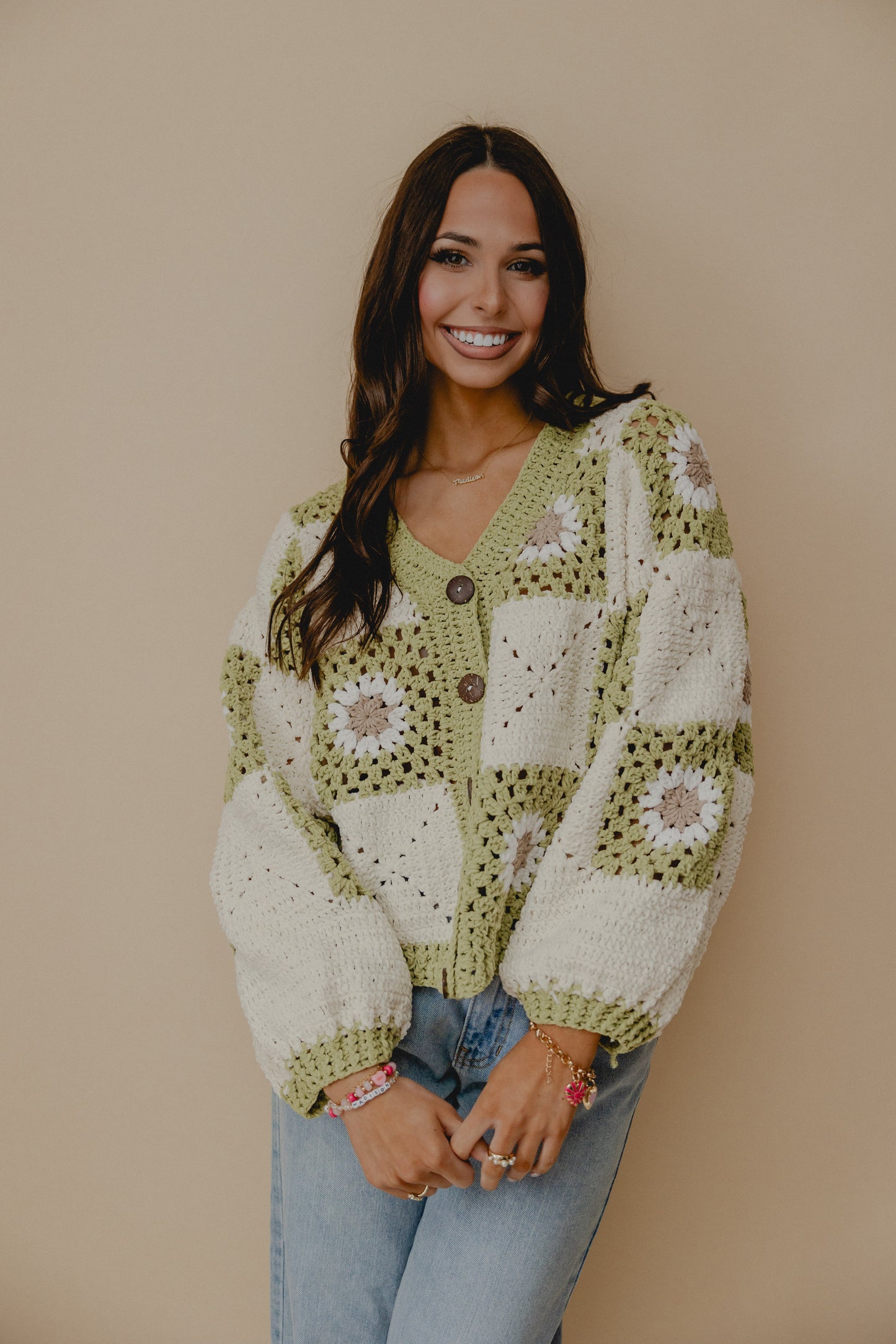 Myriam Daisy Crochet Cardigan Green