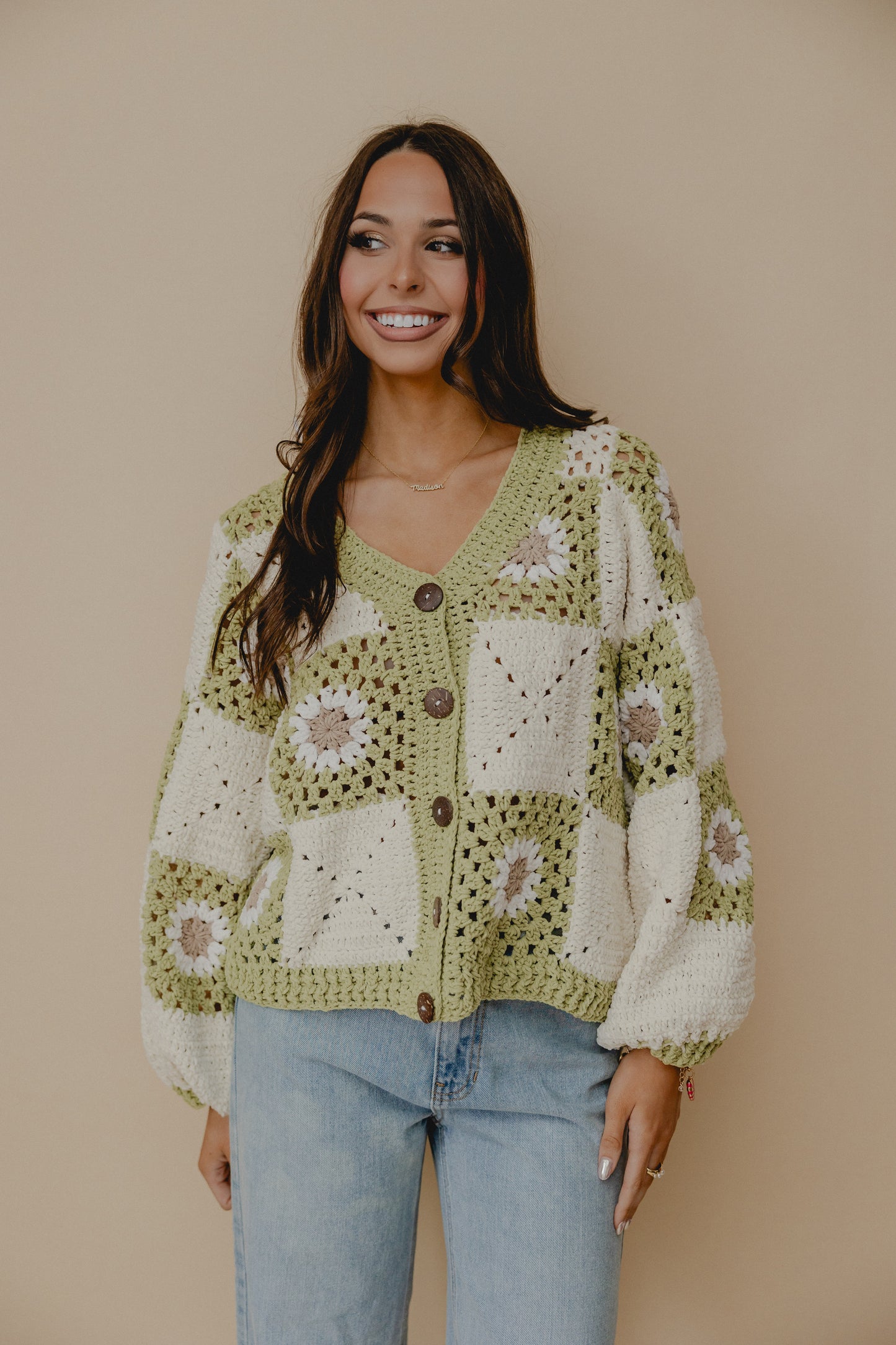 Myriam Daisy Crochet Cardigan Green