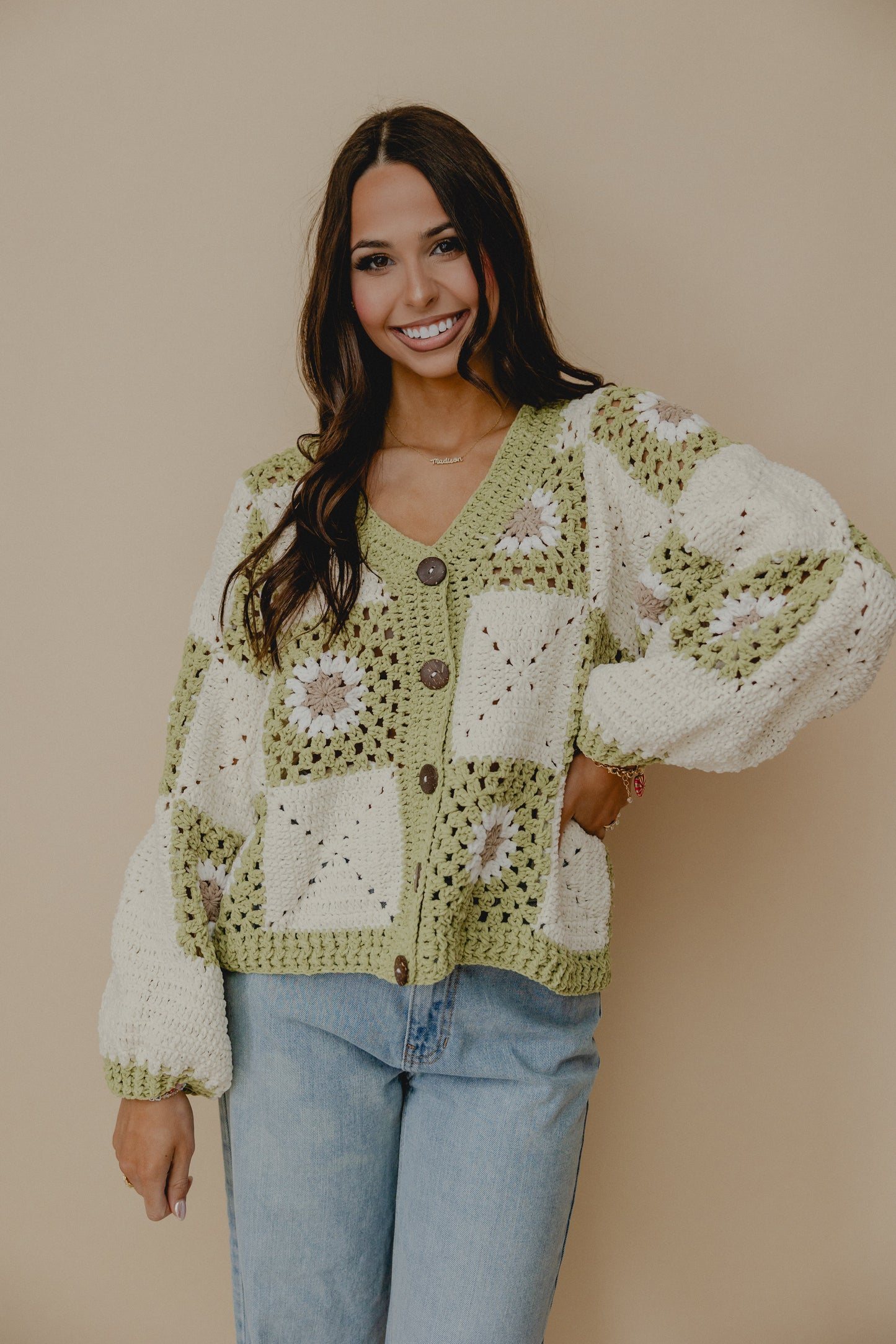 Myriam Daisy Crochet Cardigan Green