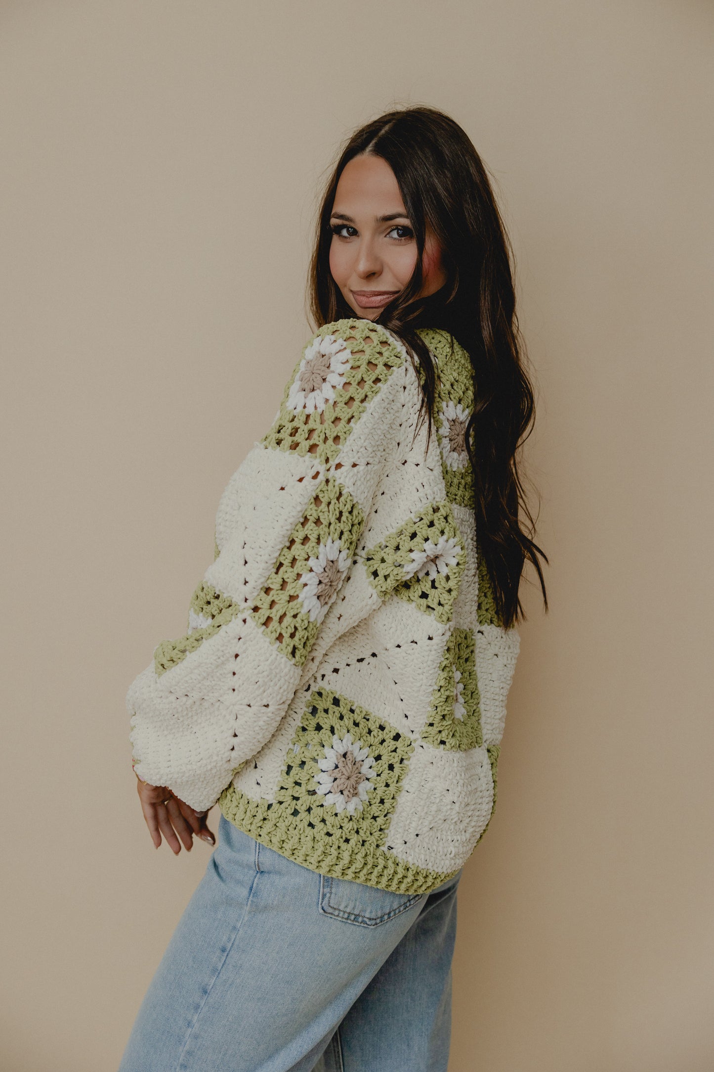 Myriam Daisy Crochet Cardigan Green