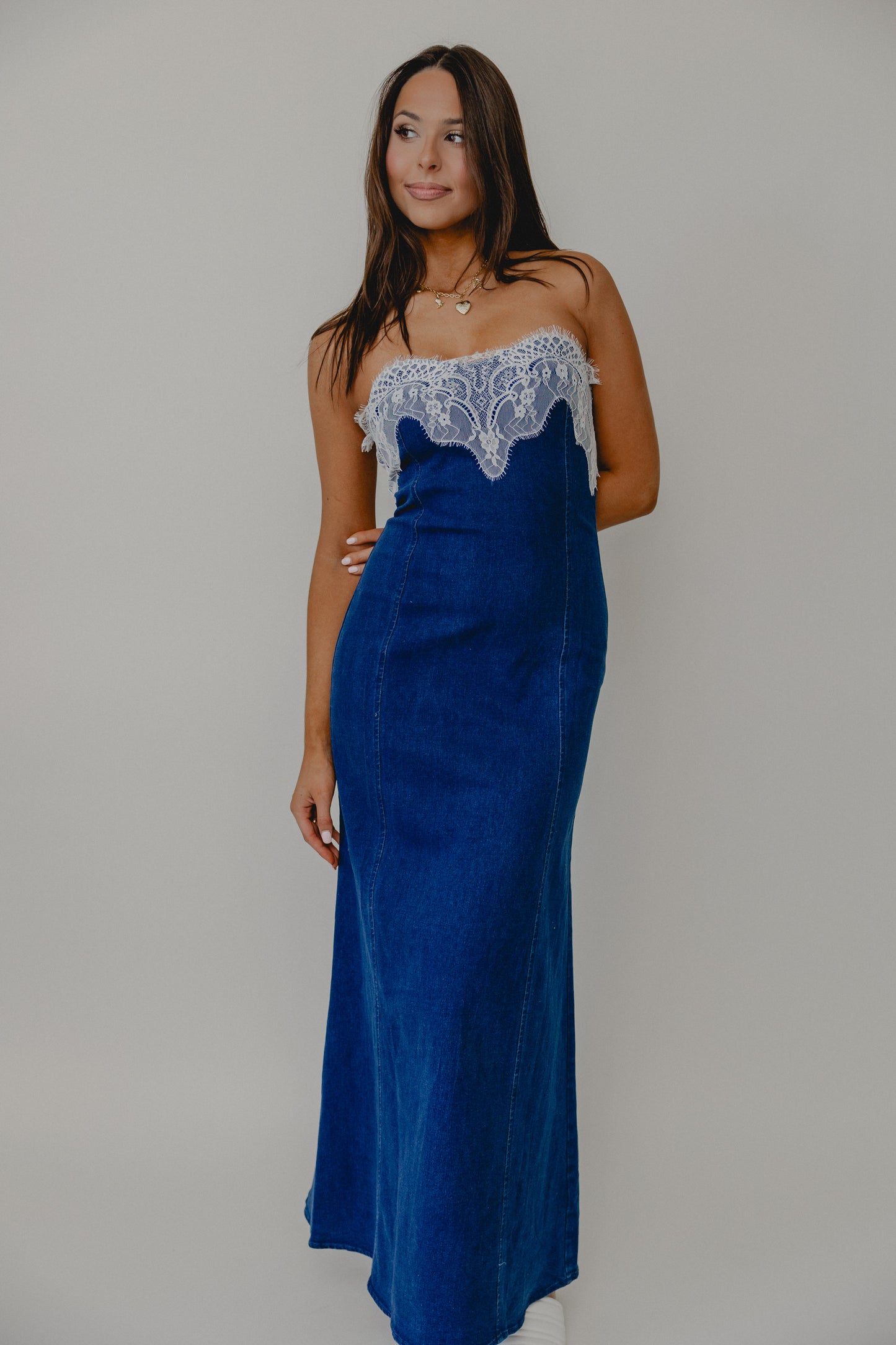 Decide Later Lace Denim Maxi Blue