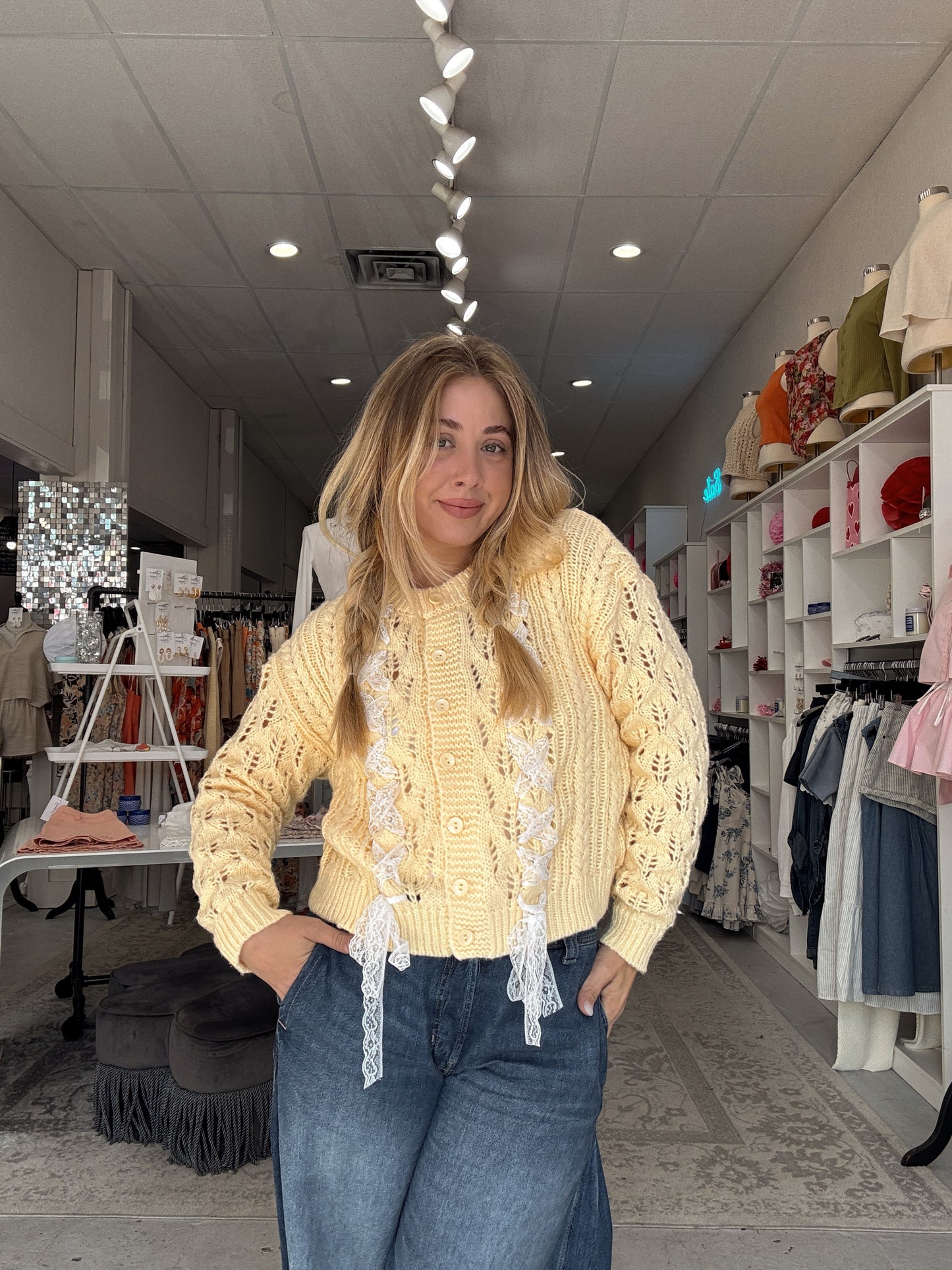 At Twilight Lace Trim Sweater Yellow