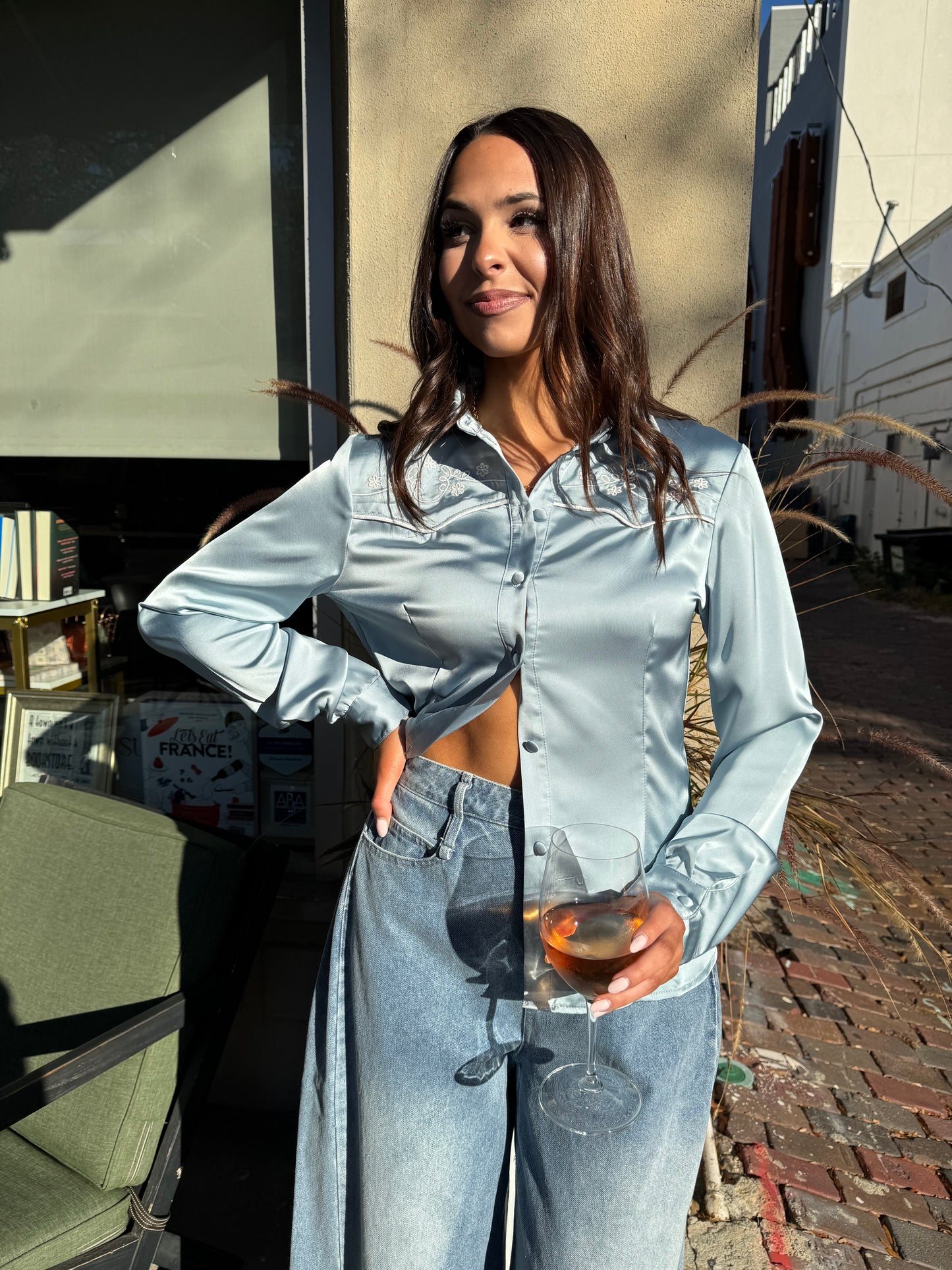 Keystone Embroidered Blouse Baby Blue