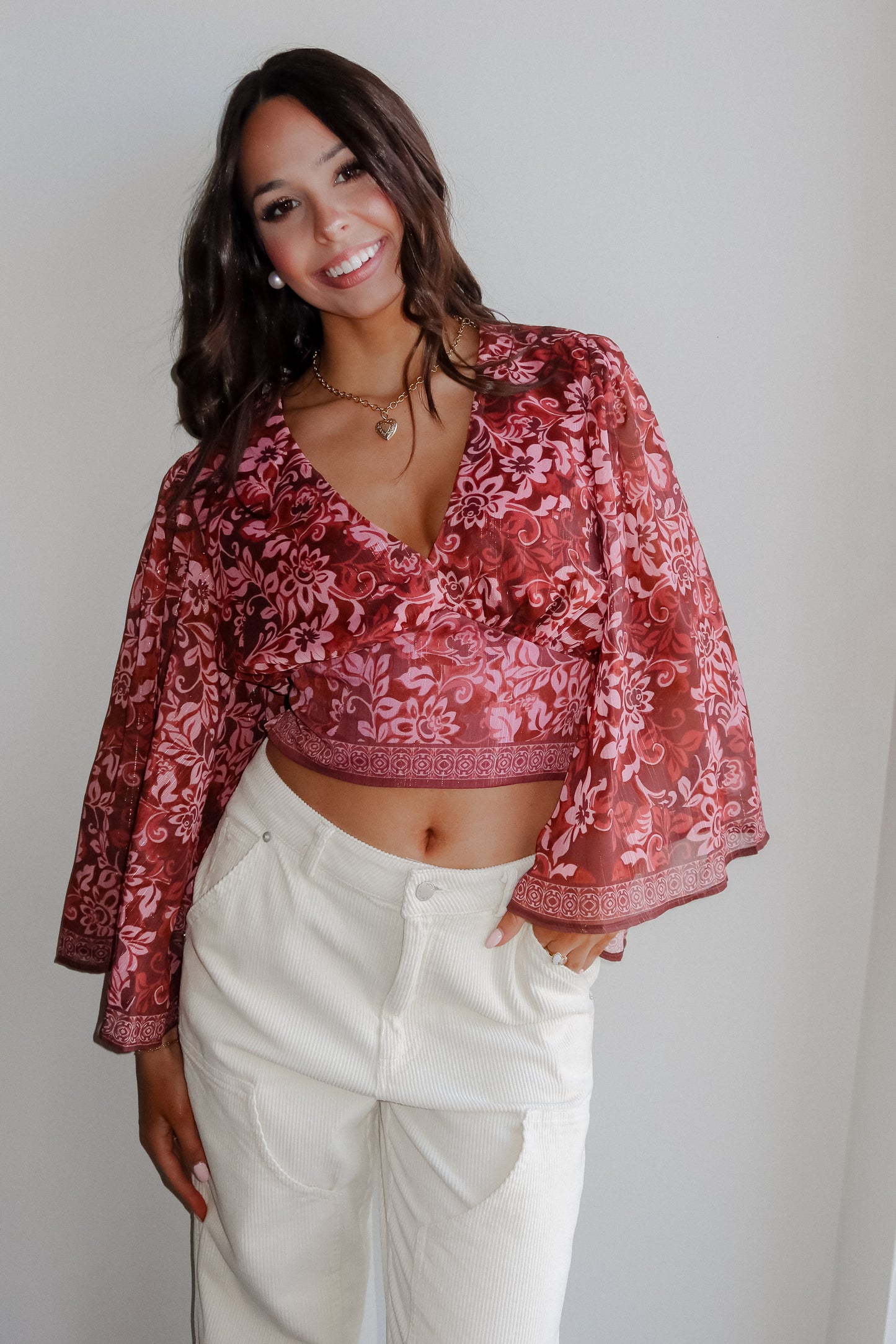 Coy Smiles Shimmer Blouse Marsala