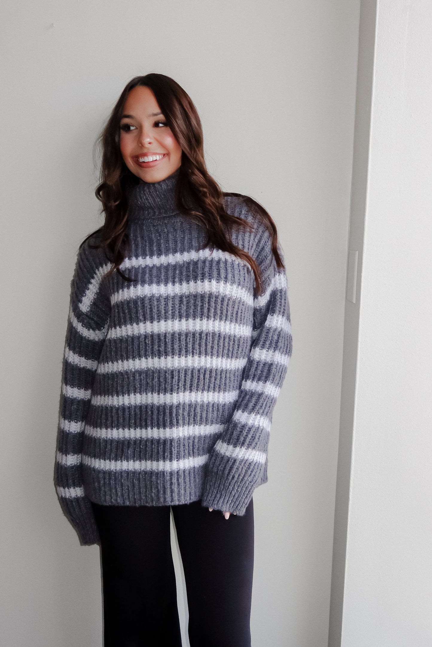 Wishing For Wine Stripe Turtleneck Grey