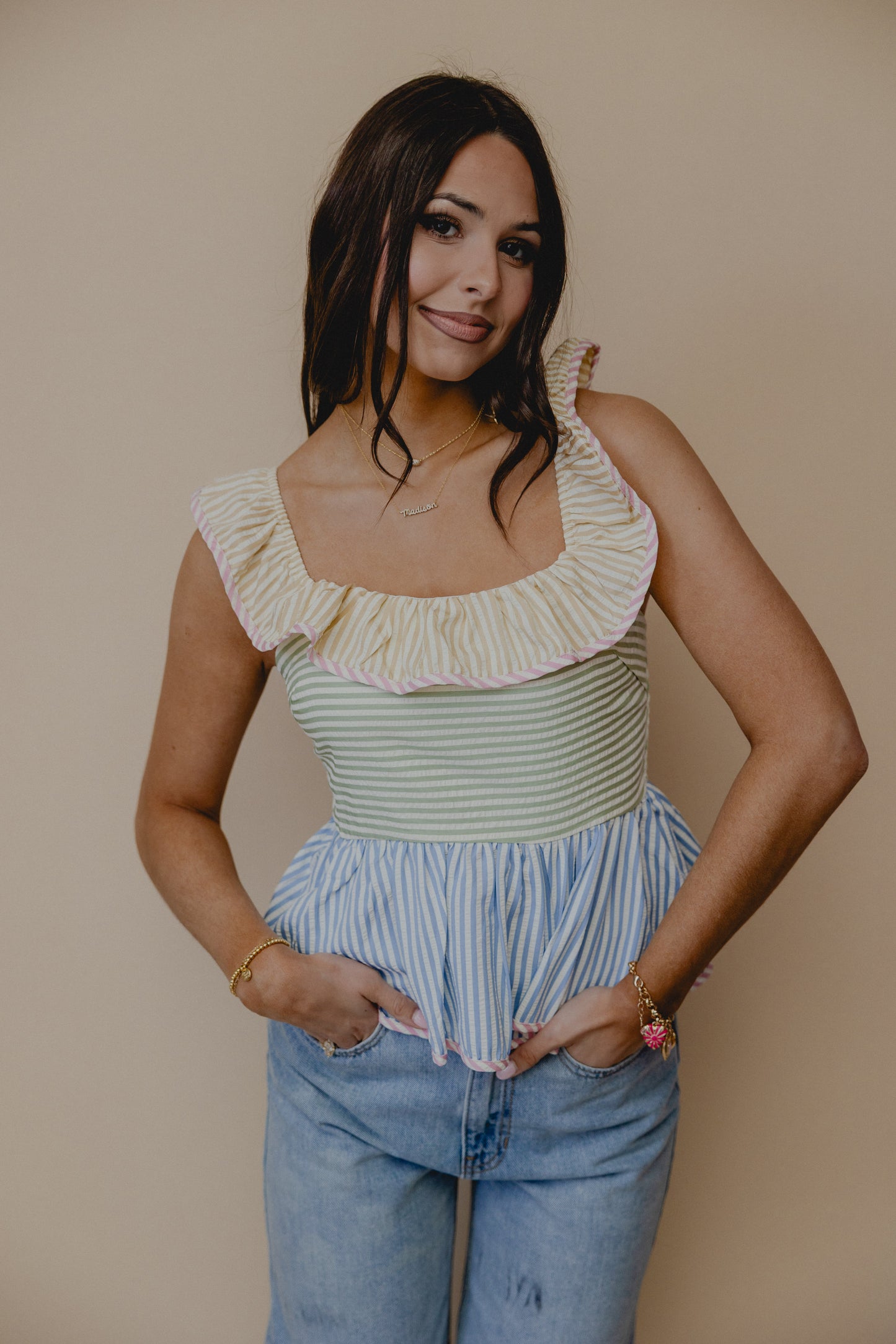 Candid Smile Stripe Ruffle Tank Multi