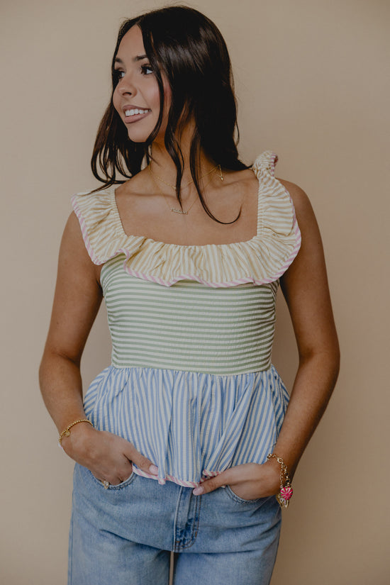 Candid Smile Stripe Ruffle Tank Multi