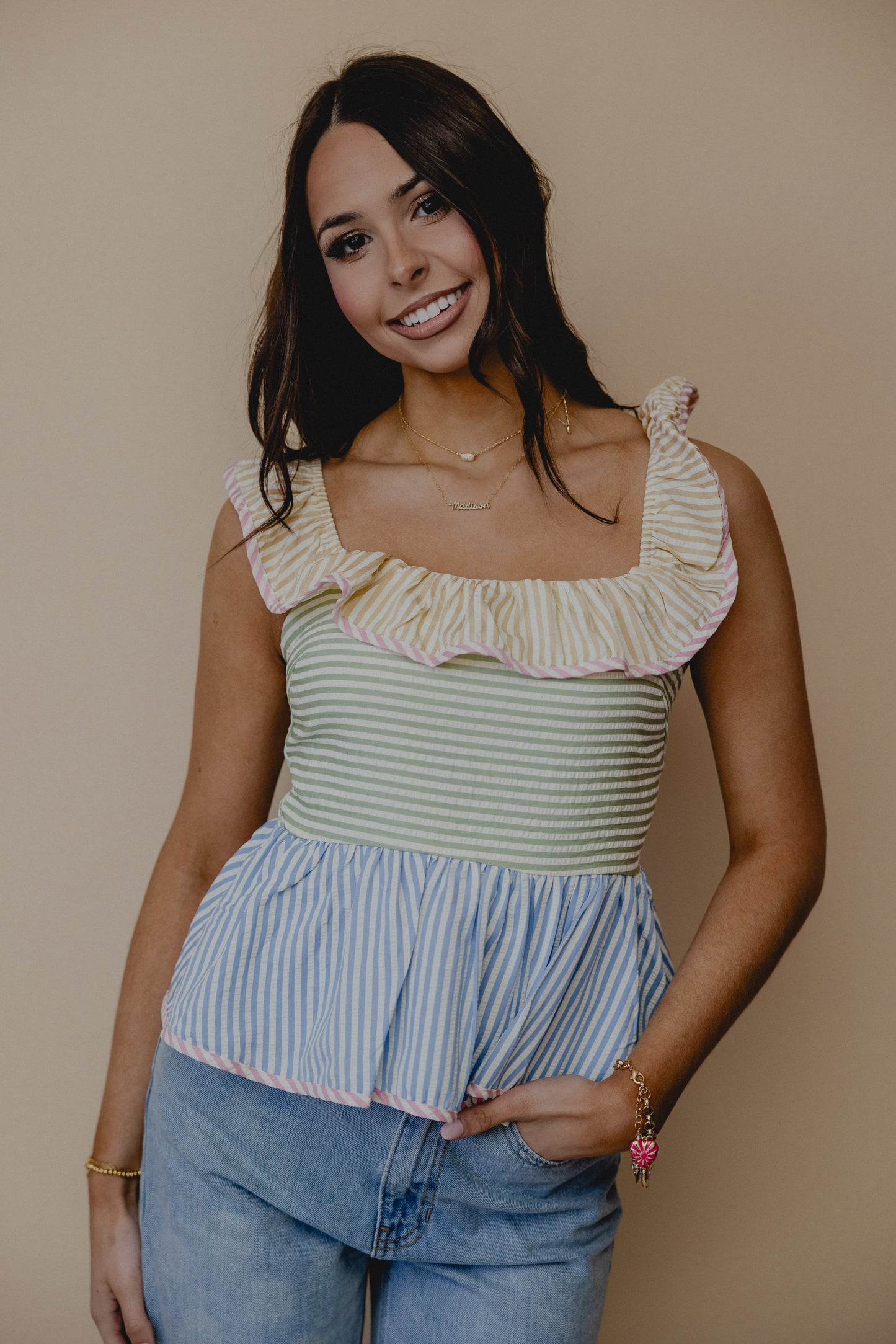 Candid Smile Stripe Ruffle Tank Multi