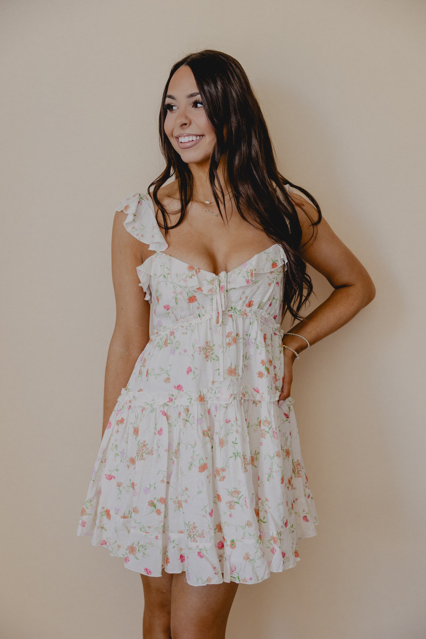 Honey Butter Ruffle Floral Dress Cream