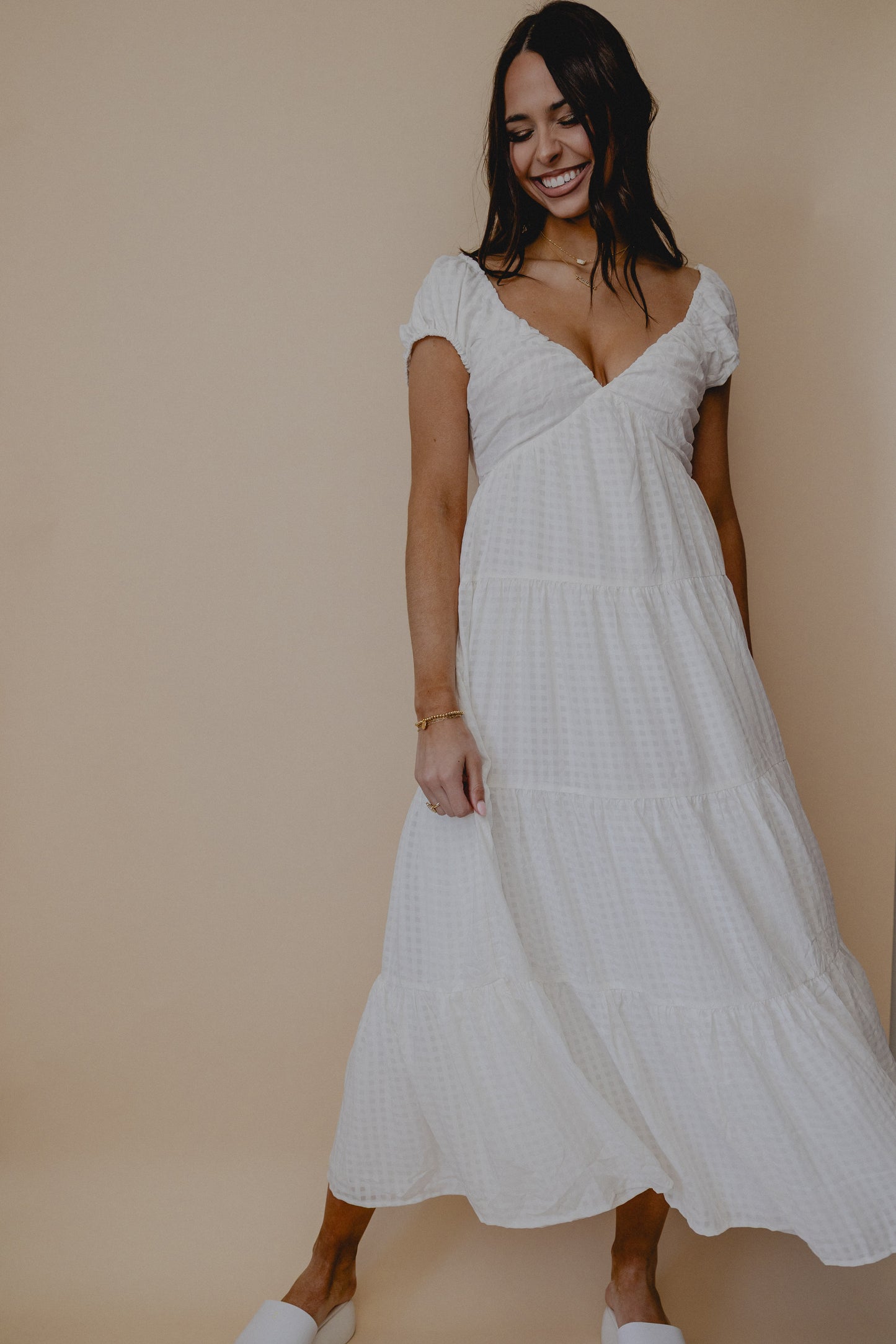 Fine Wine Tiered Midi Dress White