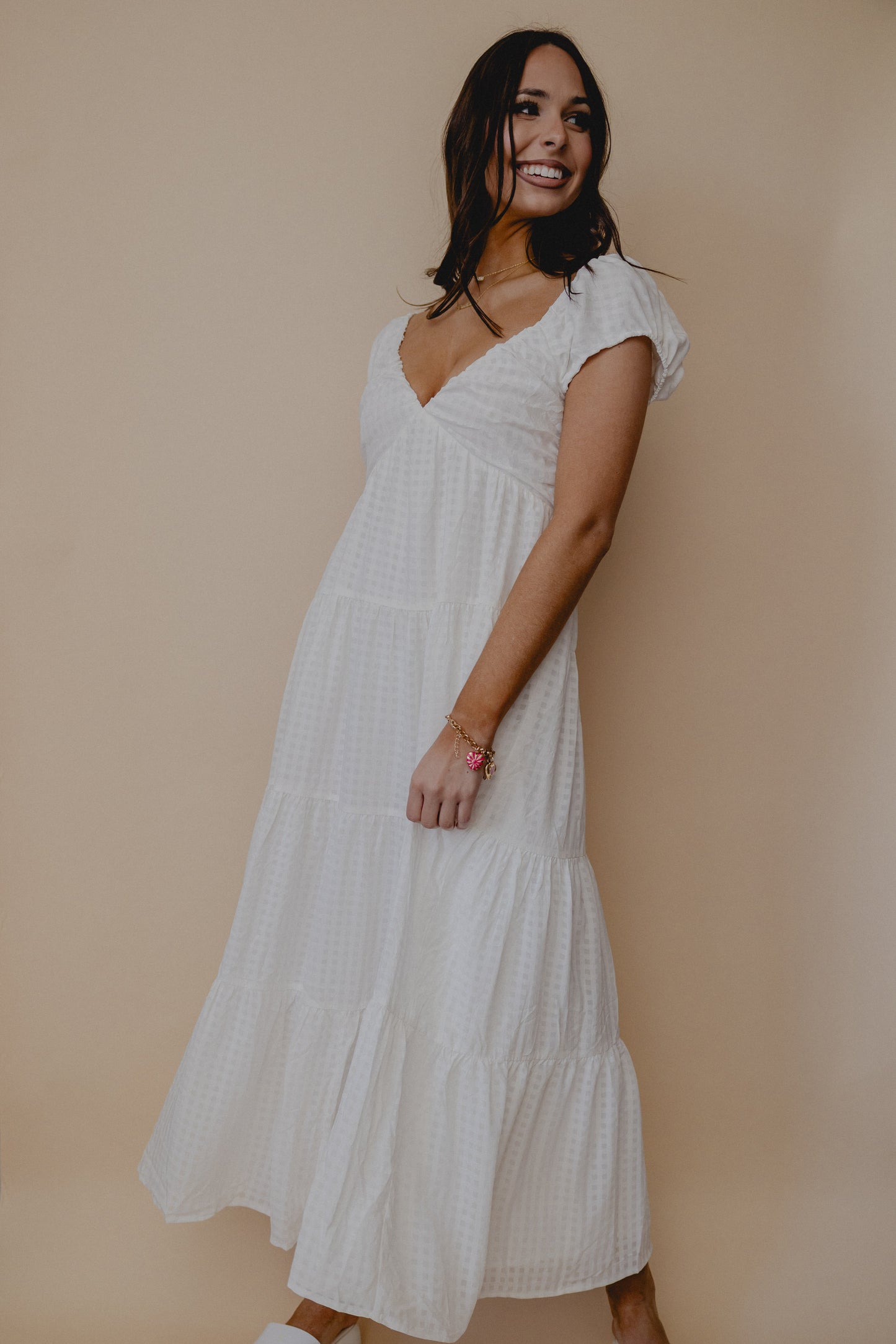 Fine Wine Tiered Midi Dress White