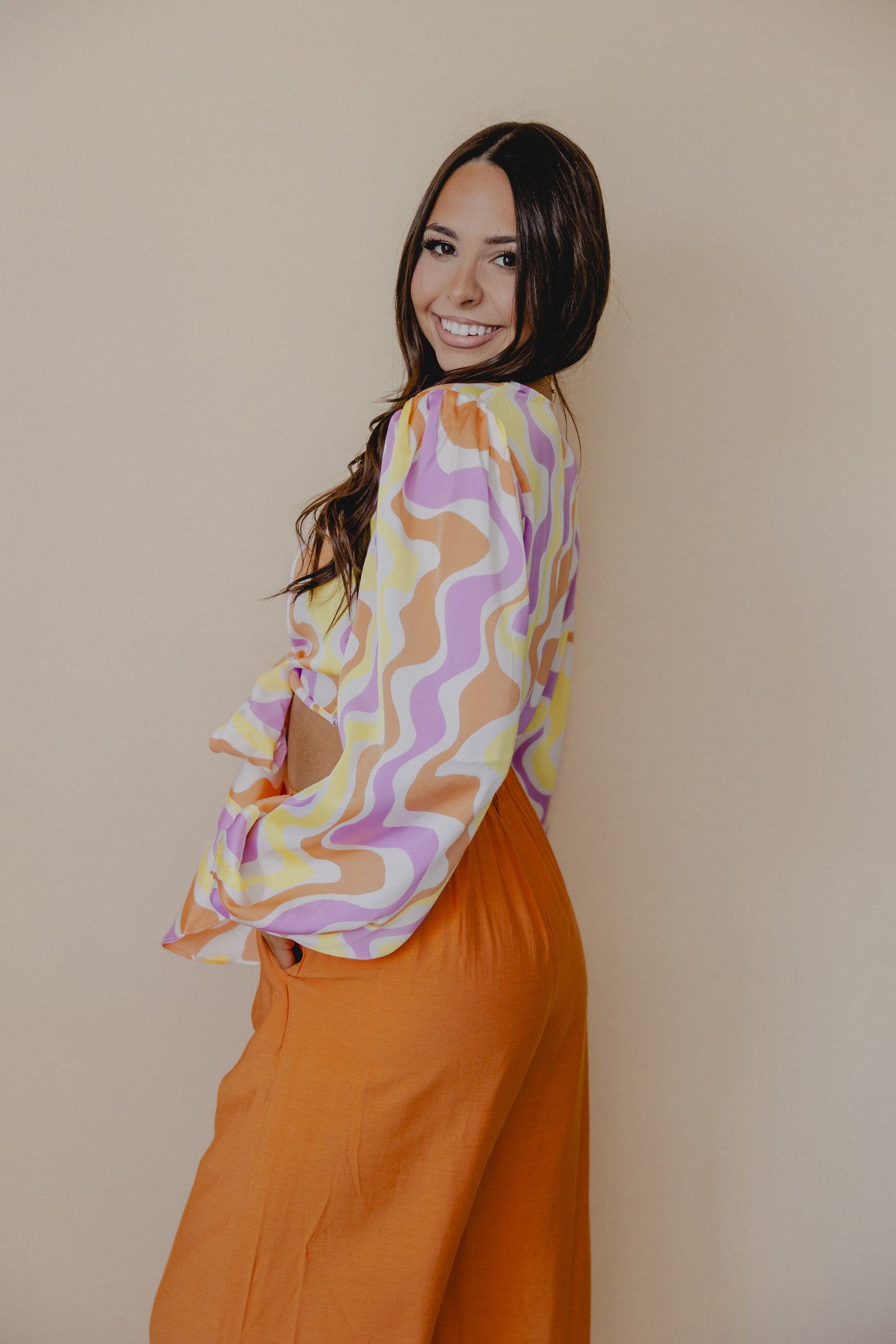 Burst Of Bliss Geo Tie Top Orange/Lilac