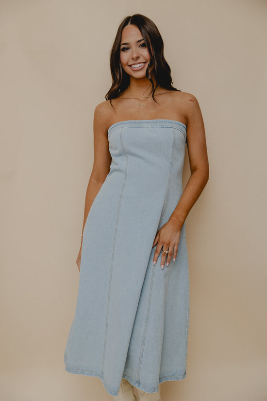 Saddle Club Strapless Midi Dress Denim