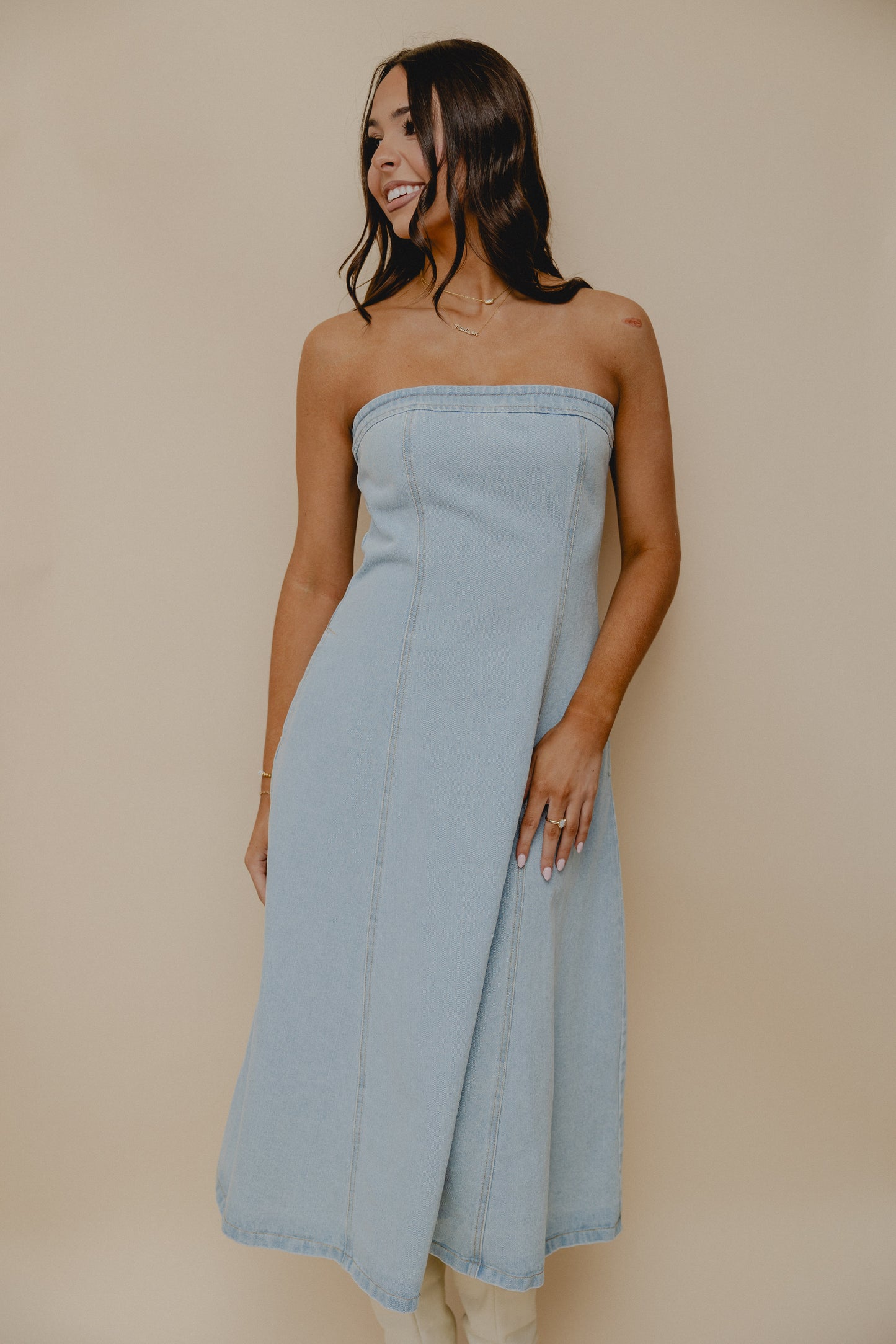 Saddle Club Strapless Midi Dress Denim