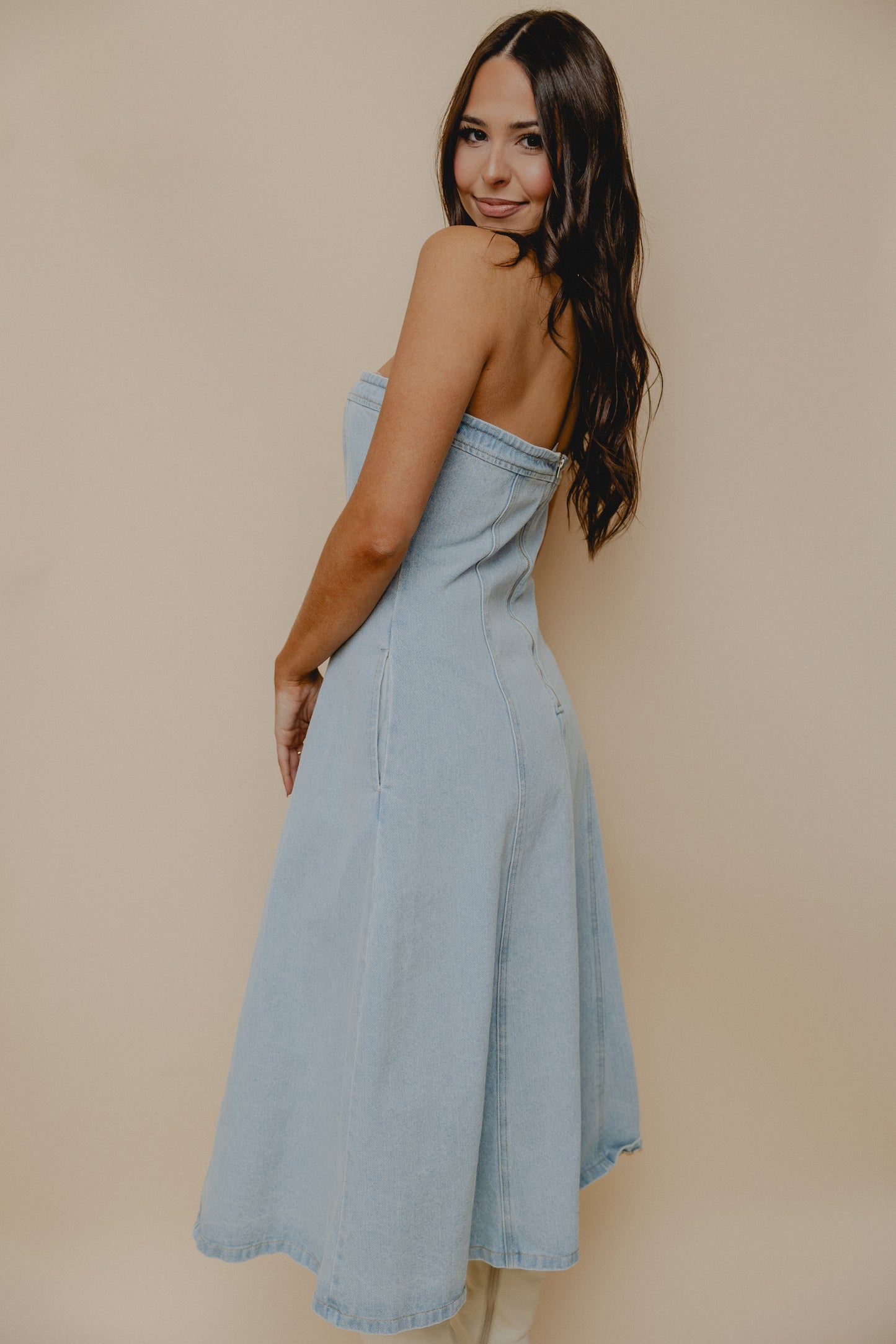 Saddle Club Strapless Midi Dress Denim