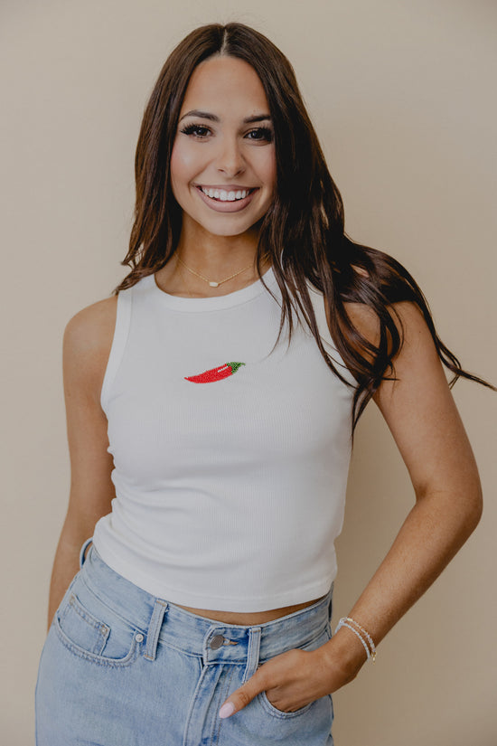 Chili Pepper Beaded Tank White