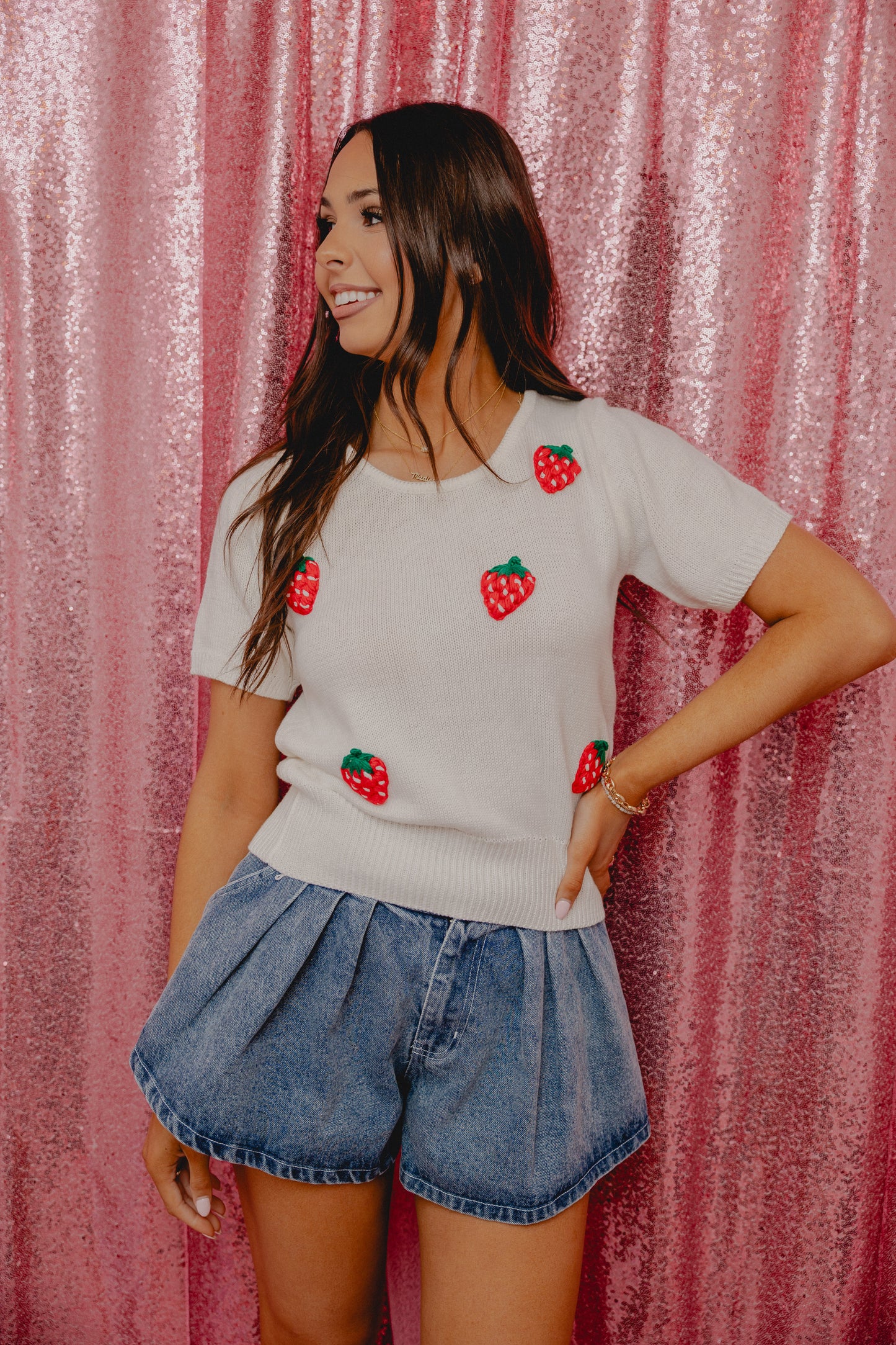 Pretty Sweet Strawberry Knit Top Cream