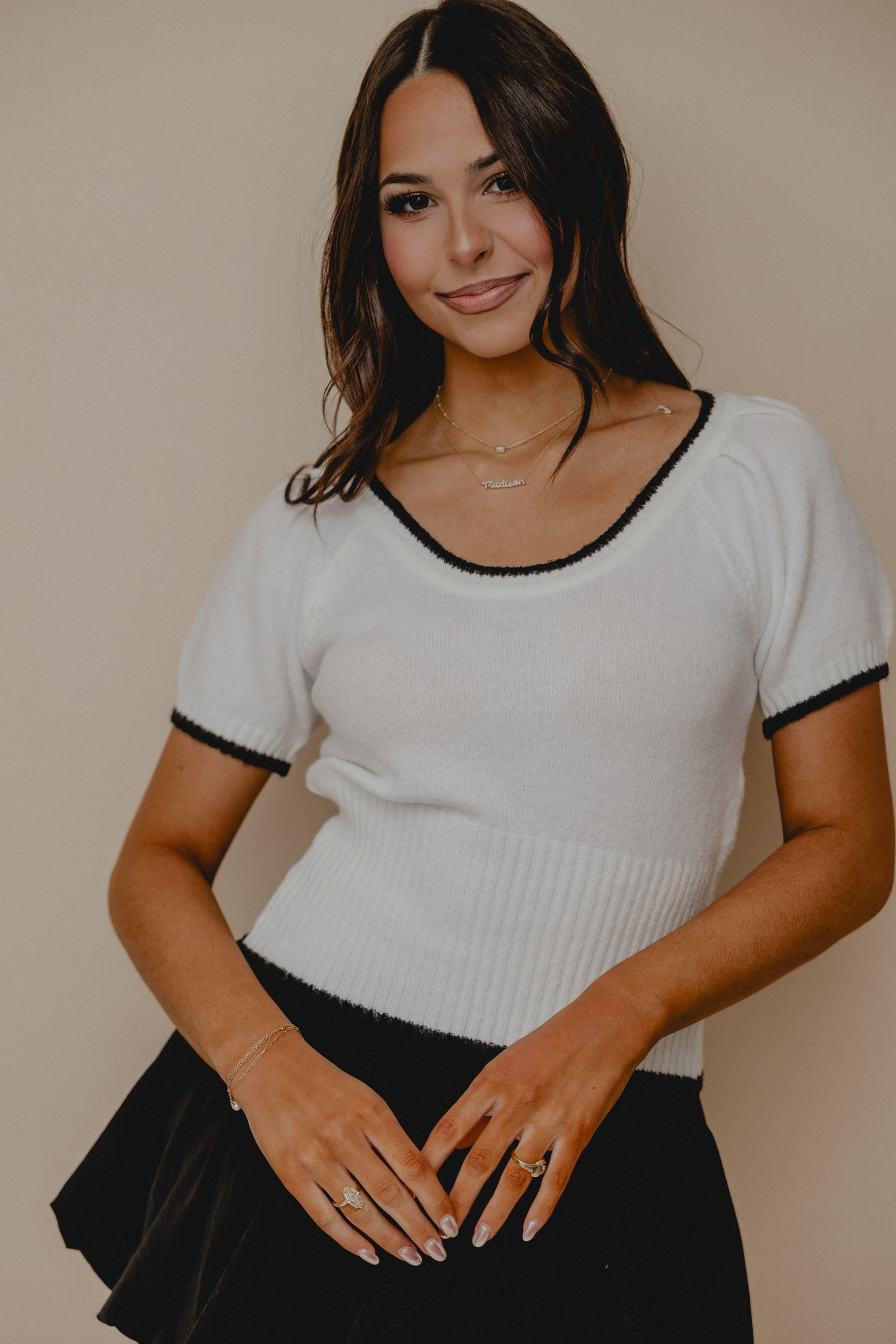 Mon Amour Contrast Knit Top White/Black