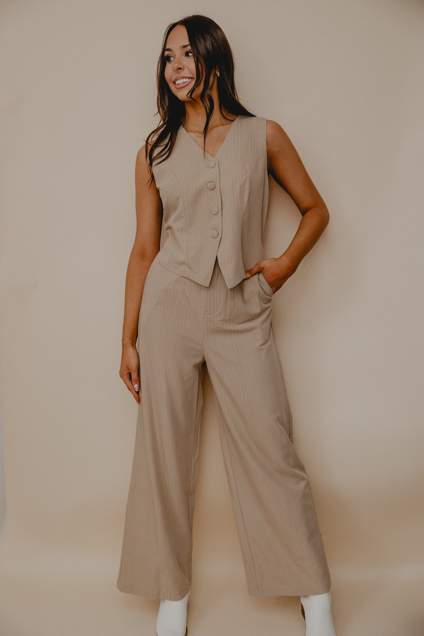 Coffee Shop Pinstripe Jumpsuit Latte