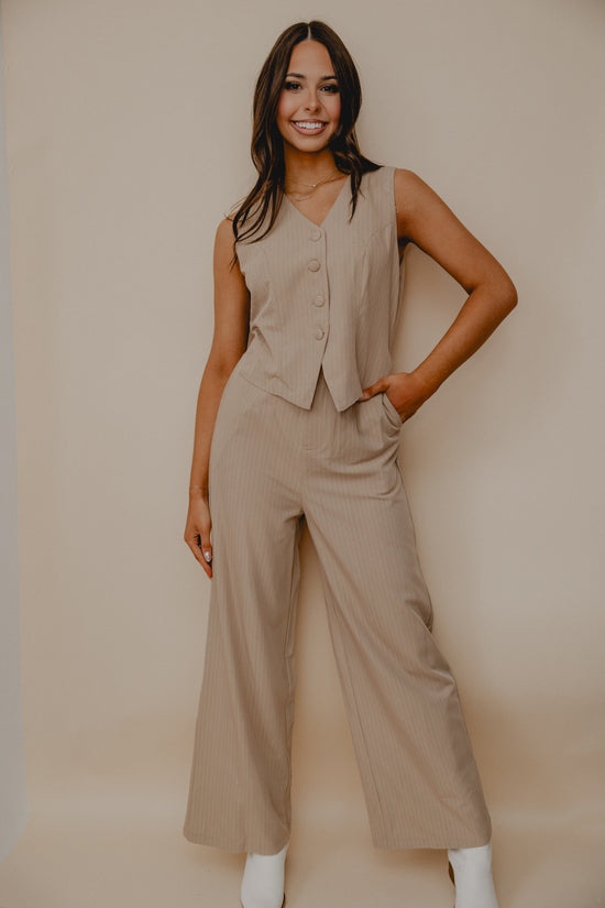 Coffee Shop Pinstripe Jumpsuit Latte