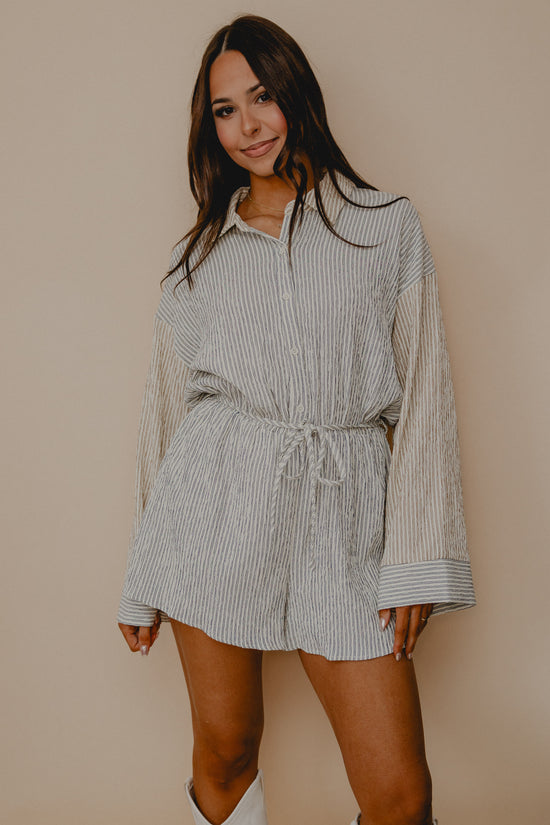 Rave About It Stripe Contrast Romper Cream/Navy