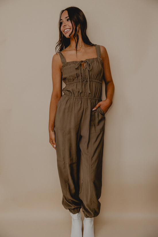 She's Poetry Ruche Jumpsuit Olive