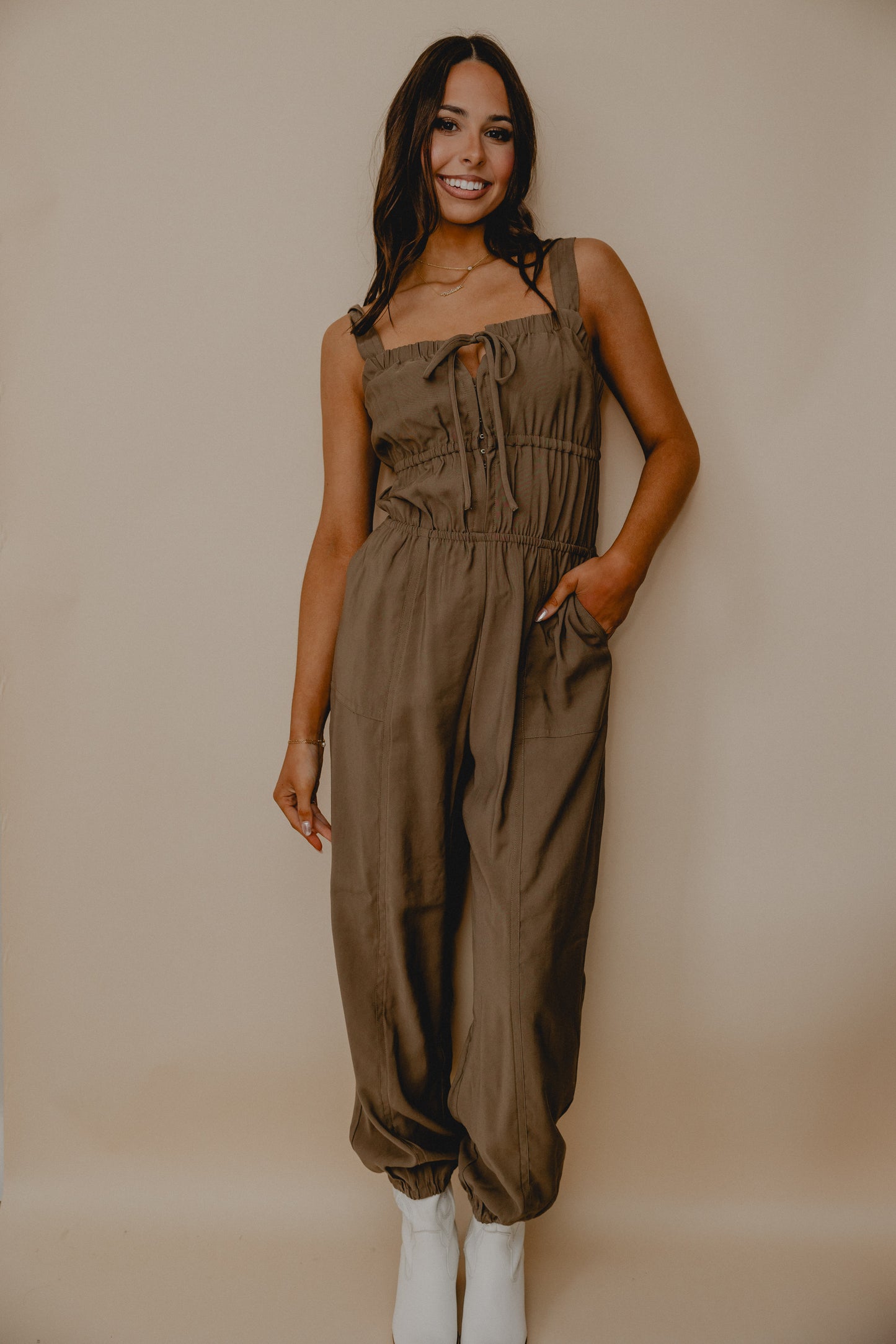 She's Poetry Ruche Jumpsuit Olive