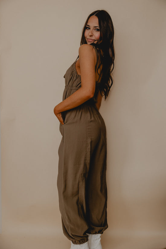 She's Poetry Ruche Jumpsuit Olive