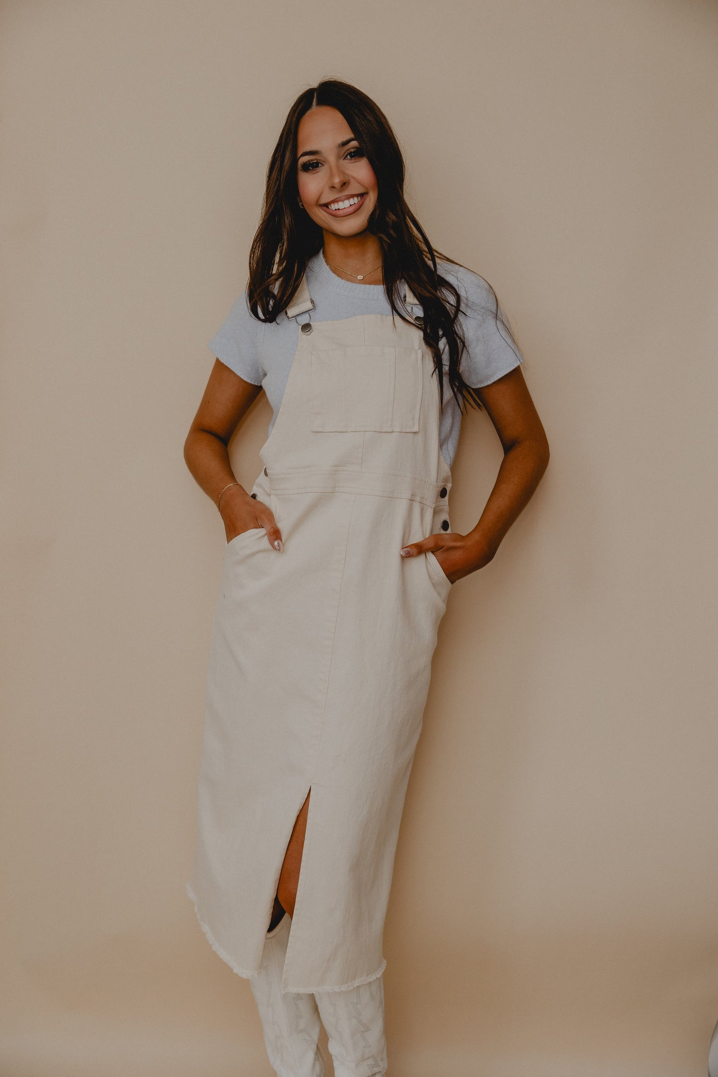 Clear Eyes Denim Overall Dress Cream