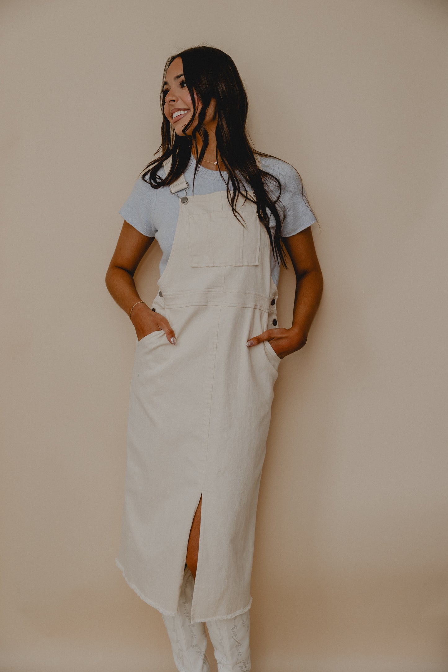 Clear Eyes Denim Overall Dress Cream