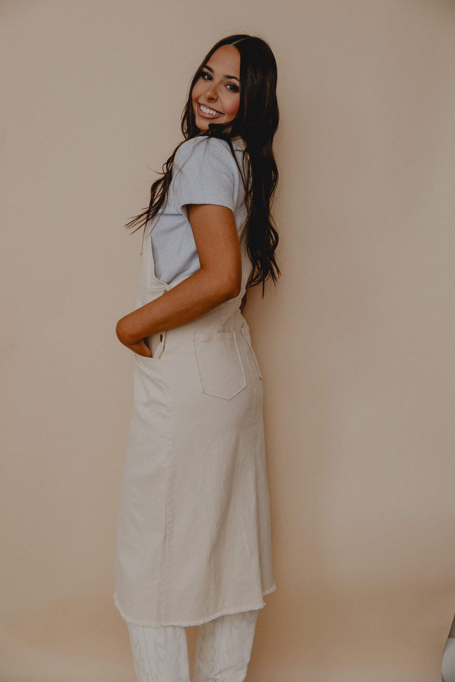 Clear Eyes Denim Overall Dress Cream