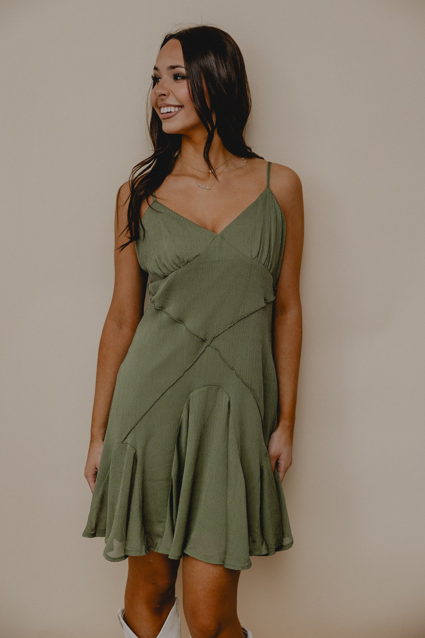 Real Charm Ruffle Dress Olive