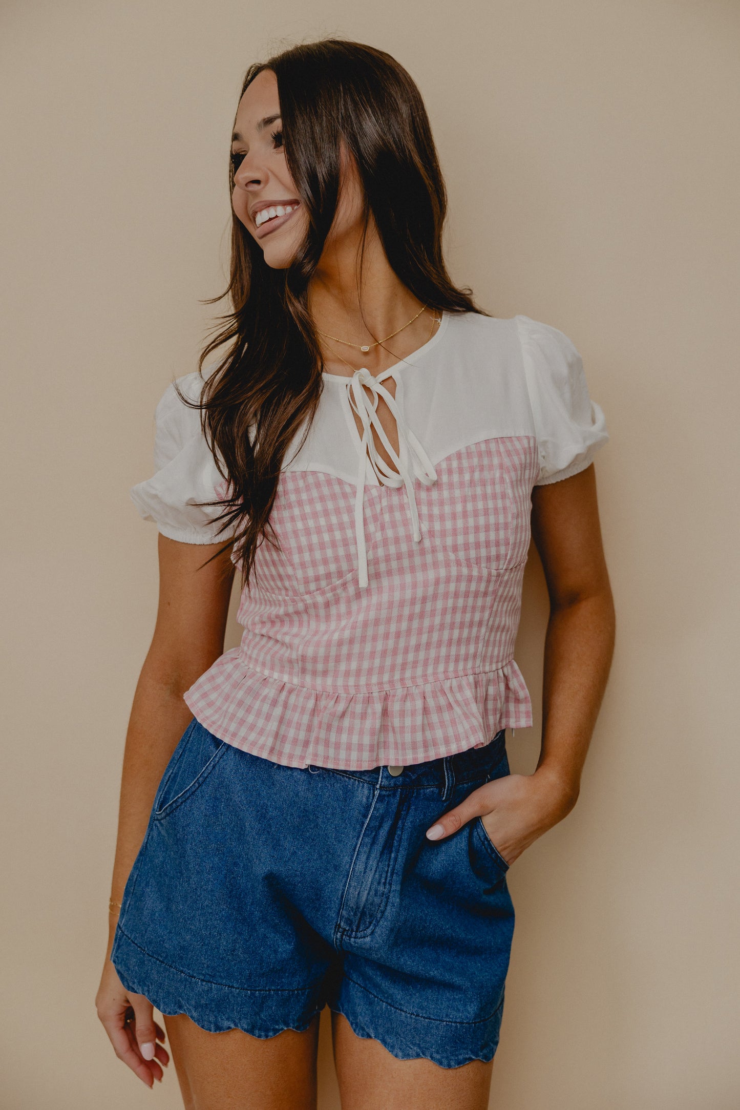 With Love Gingham Contrast Blouse White/Pink