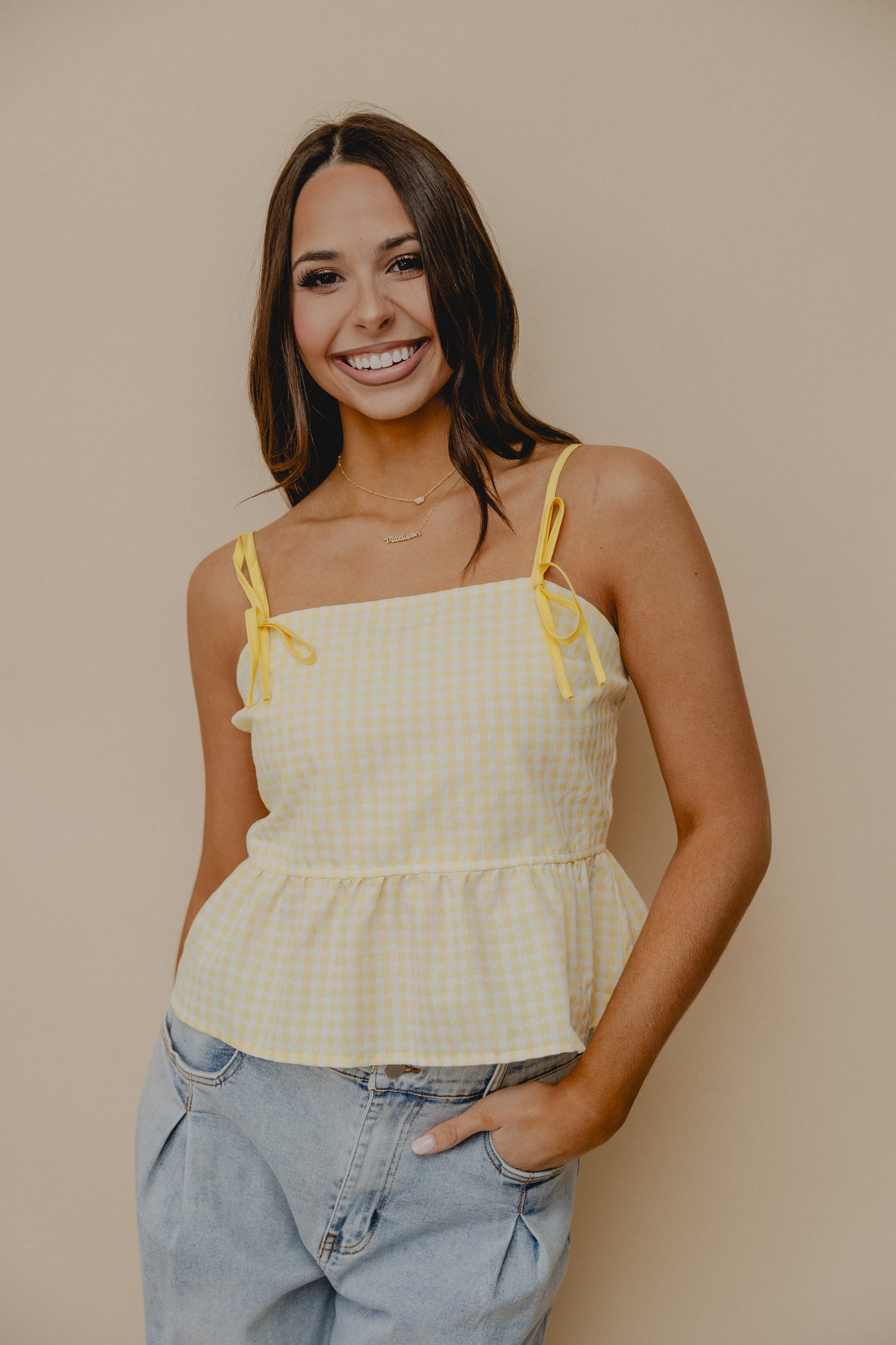 New Classics Gingham Babydoll Tank Yellow