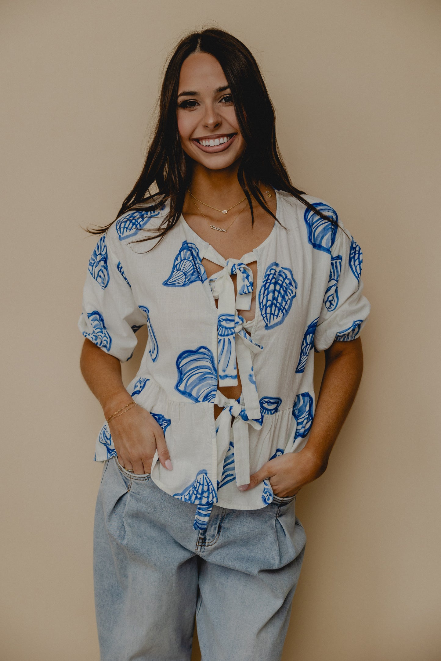 Coastal Cutie Shell Tie Blouse White/Blue